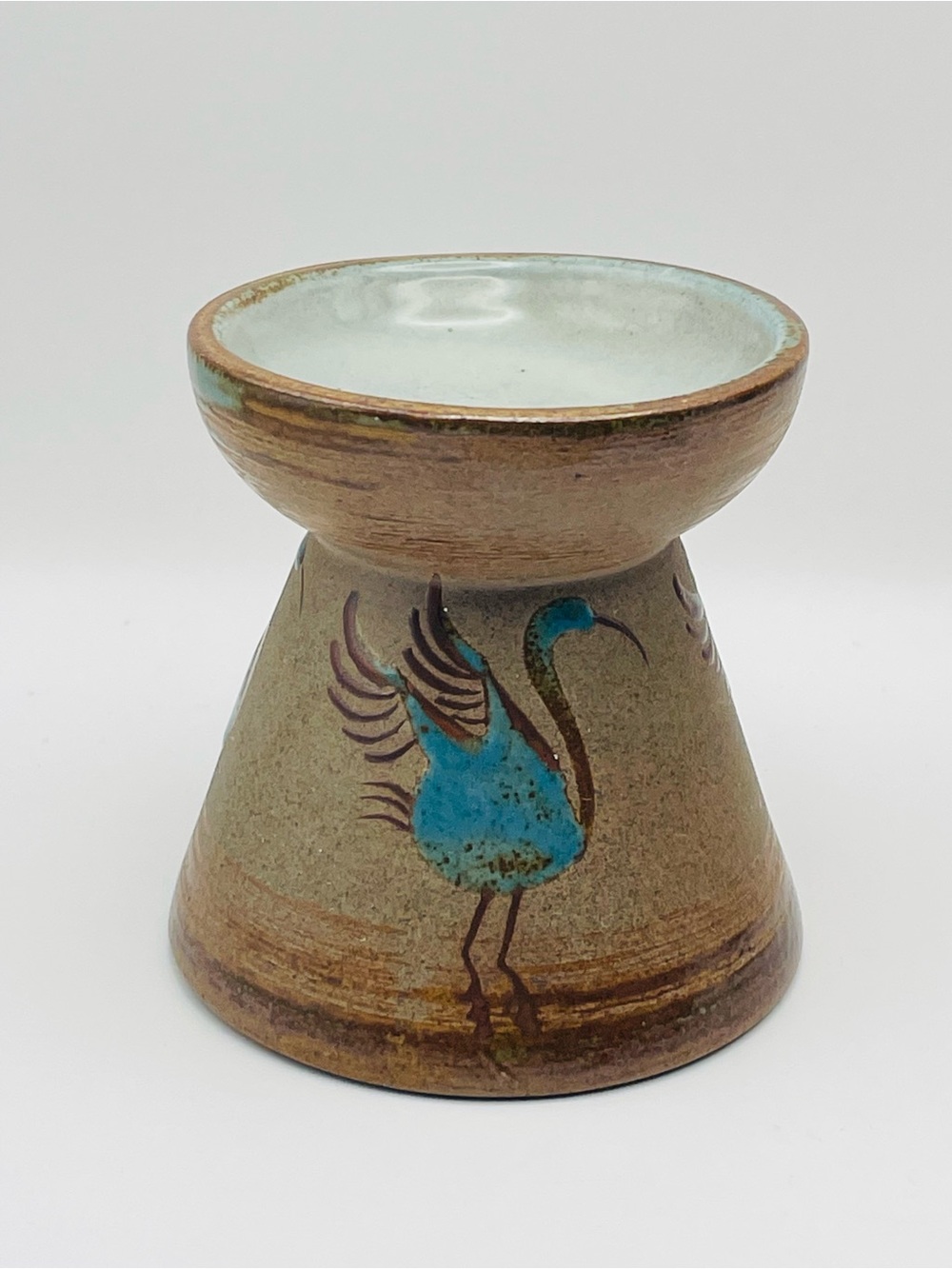 Vintage MCM Pottery Candle/Tealight Holder Modernist Hand Painted Bird Design